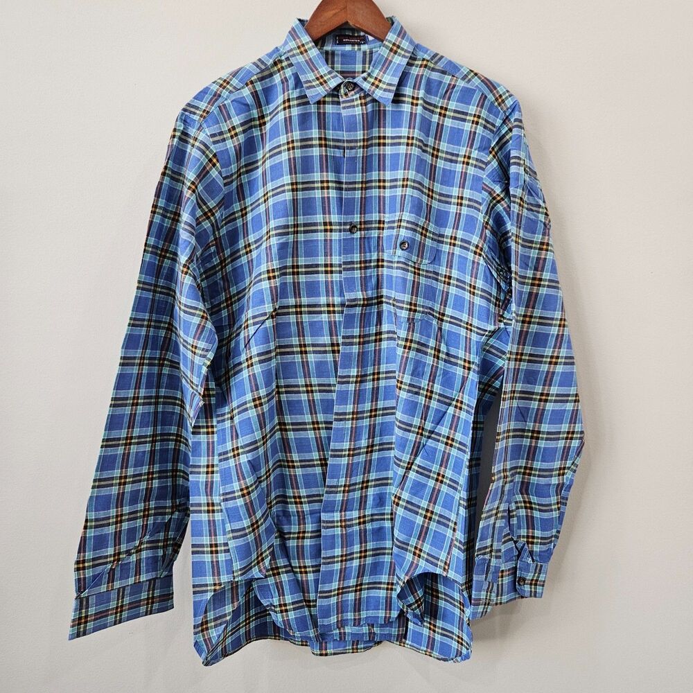 India Madras Plaid Mens Button Down Shirt Large Blue Black Country Preppy Casual